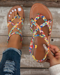 Bohemian Leopard Print Woven Women Casual Slip-On Flat Sandals