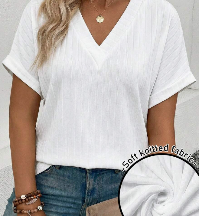 Women's Spring/Summer New Arrival Soft Knit Wide Ribbed V-Neck Short Sleeve Plus Size T-Shirt